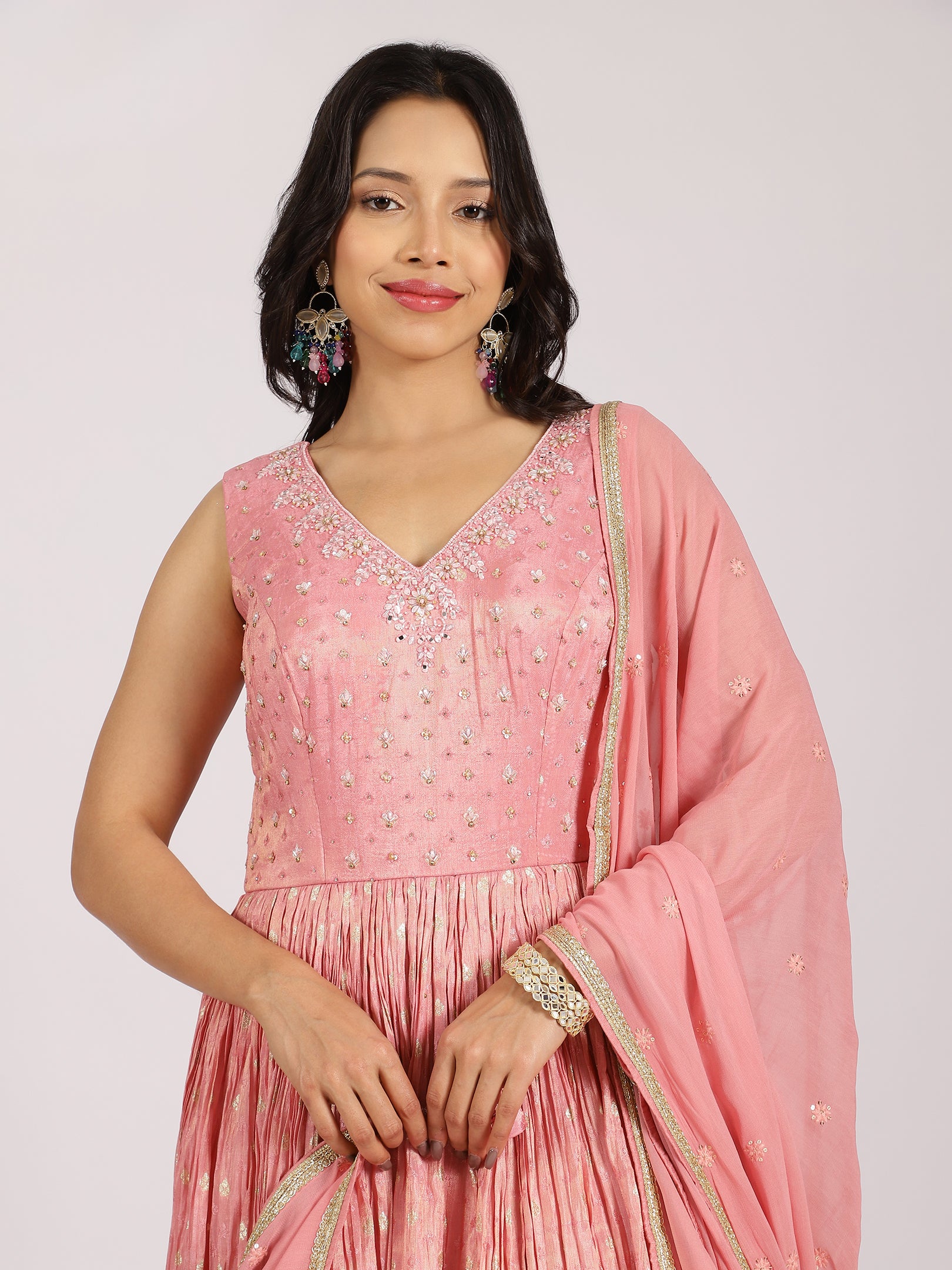 Blush Pink Anarkali Gown with Foil Work & Embellished Dupatta