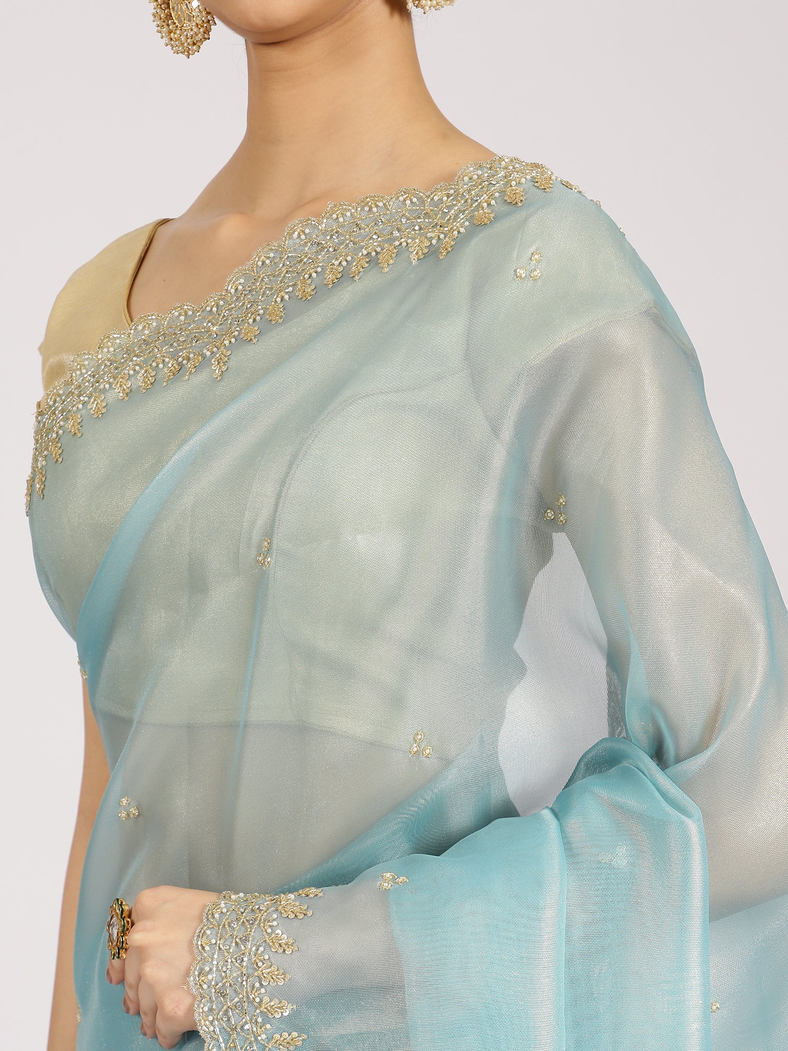 Sky Blue Organza Embellished Saree