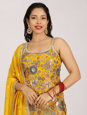 Vibrant Yellow Mirror Work Sharara Set