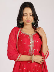 Radiant Red Anarkali Gown with Mirror Work and Zari Dupatta
