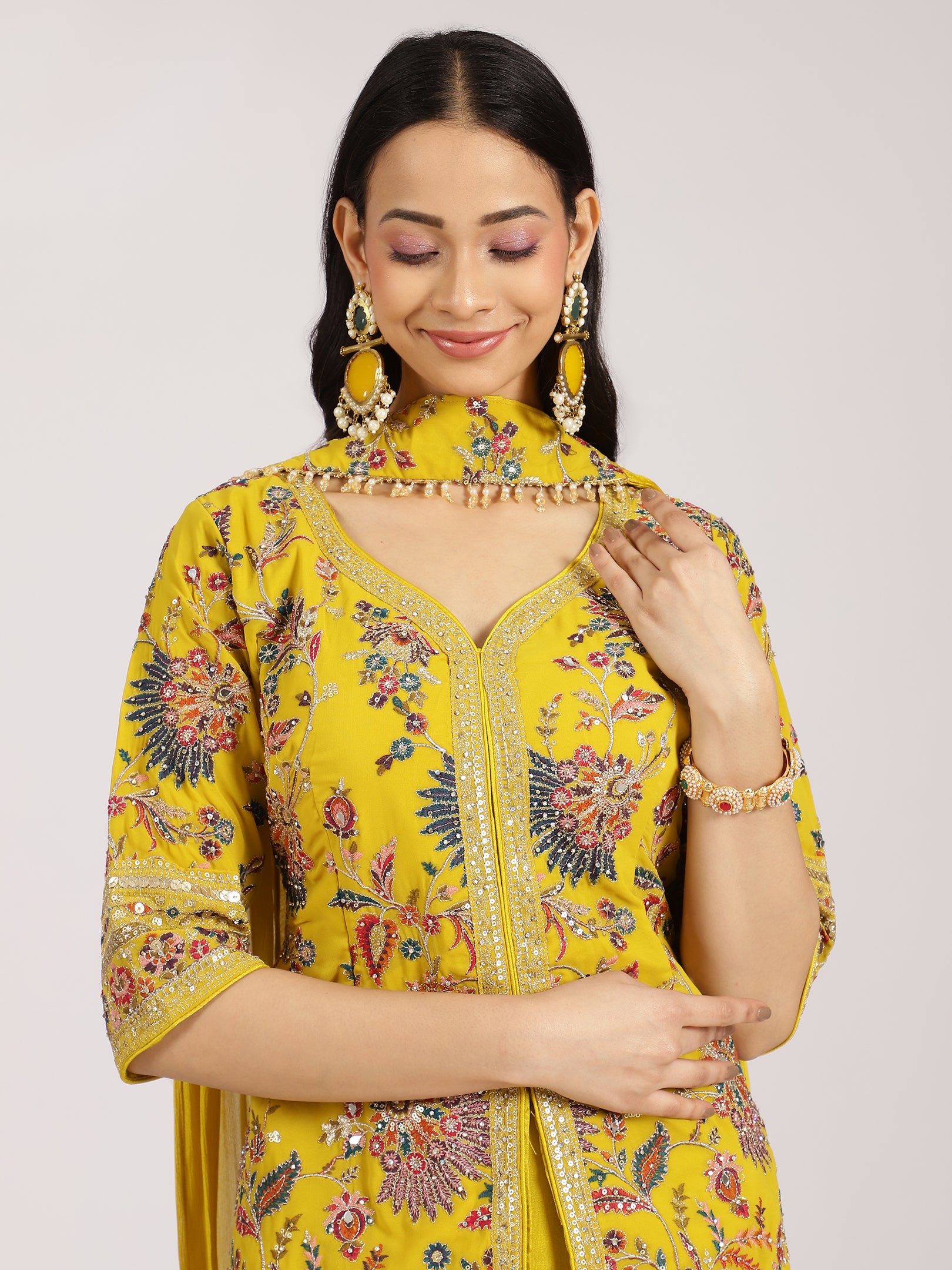Yellow Embroidered Jacket Style Sharara Suit Set