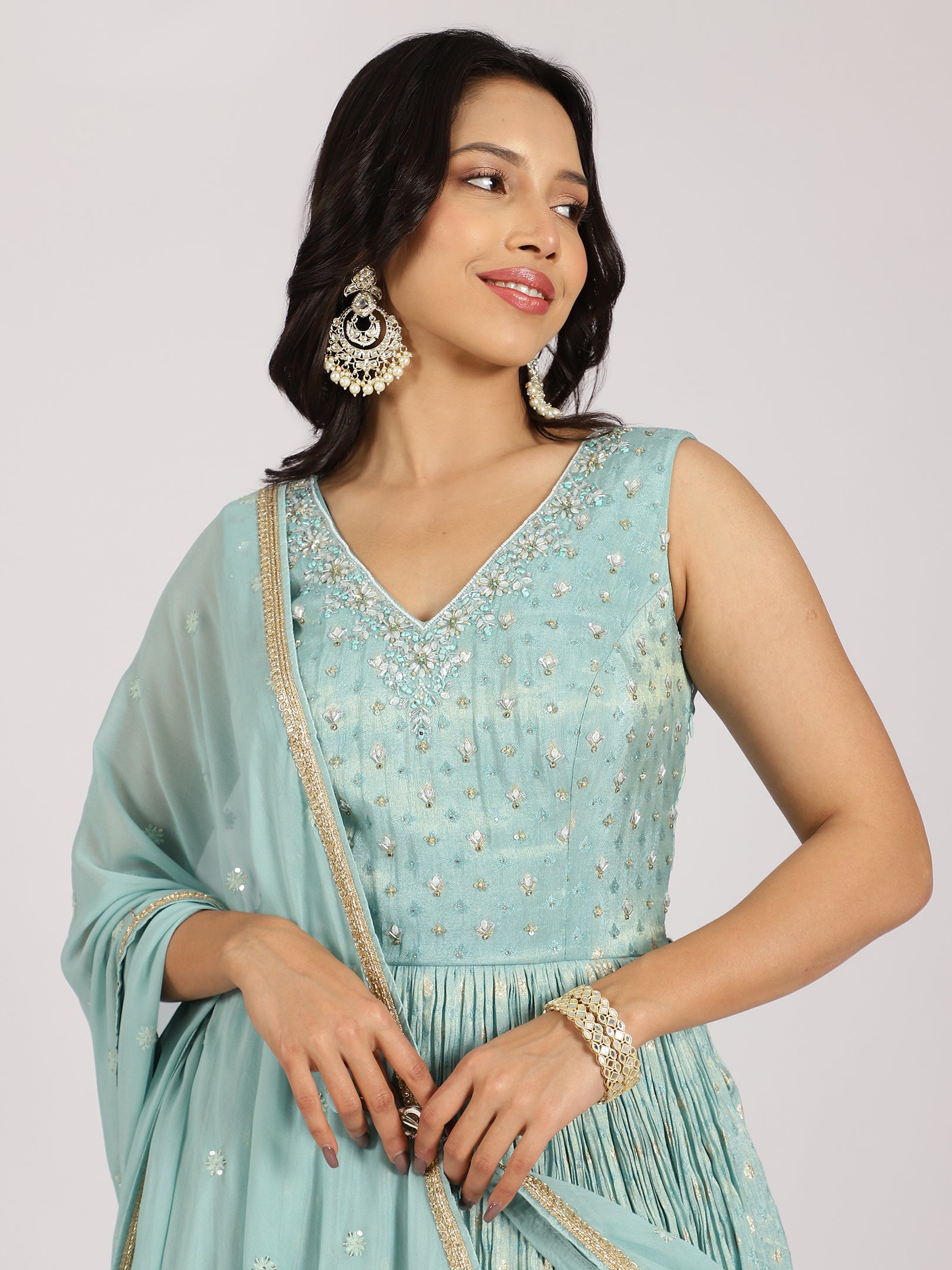 Sky Blue Embellished Anarkali Lehenga Set
