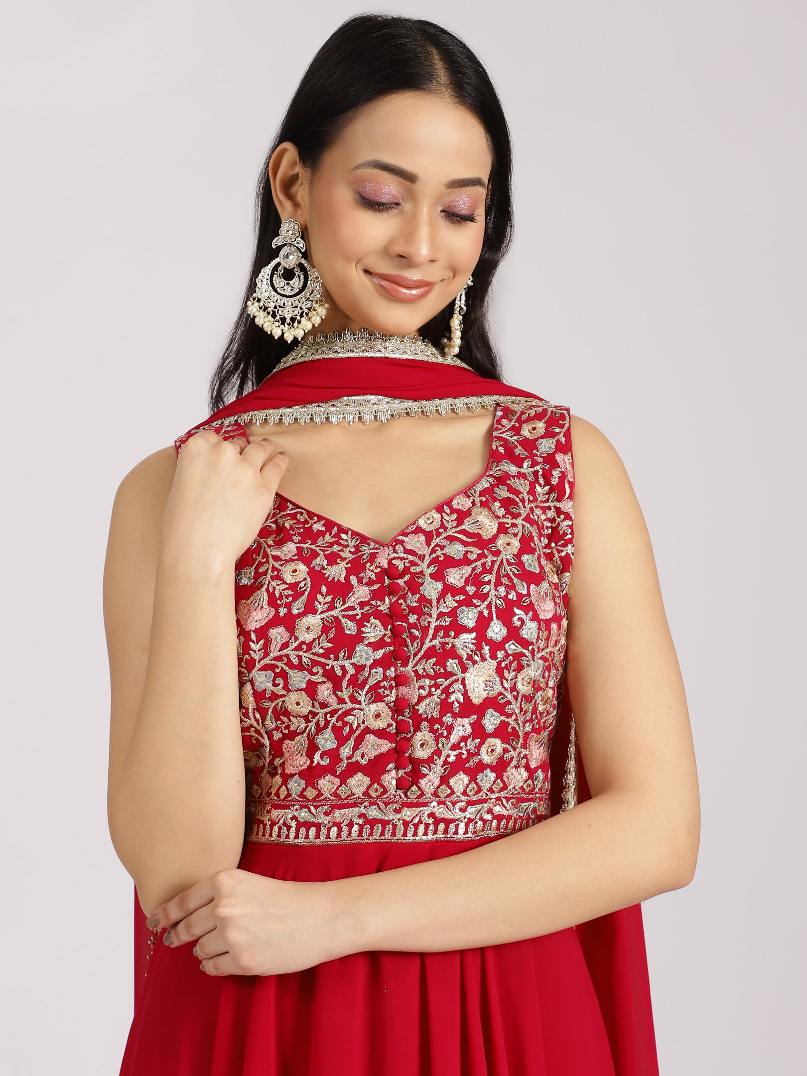 Red Sleeveless Embroidered Peplum Kurta Set with Palazzo and Dupatta