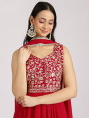 Red Sleeveless Embroidered Peplum Kurta Set with Palazzo and Dupatta