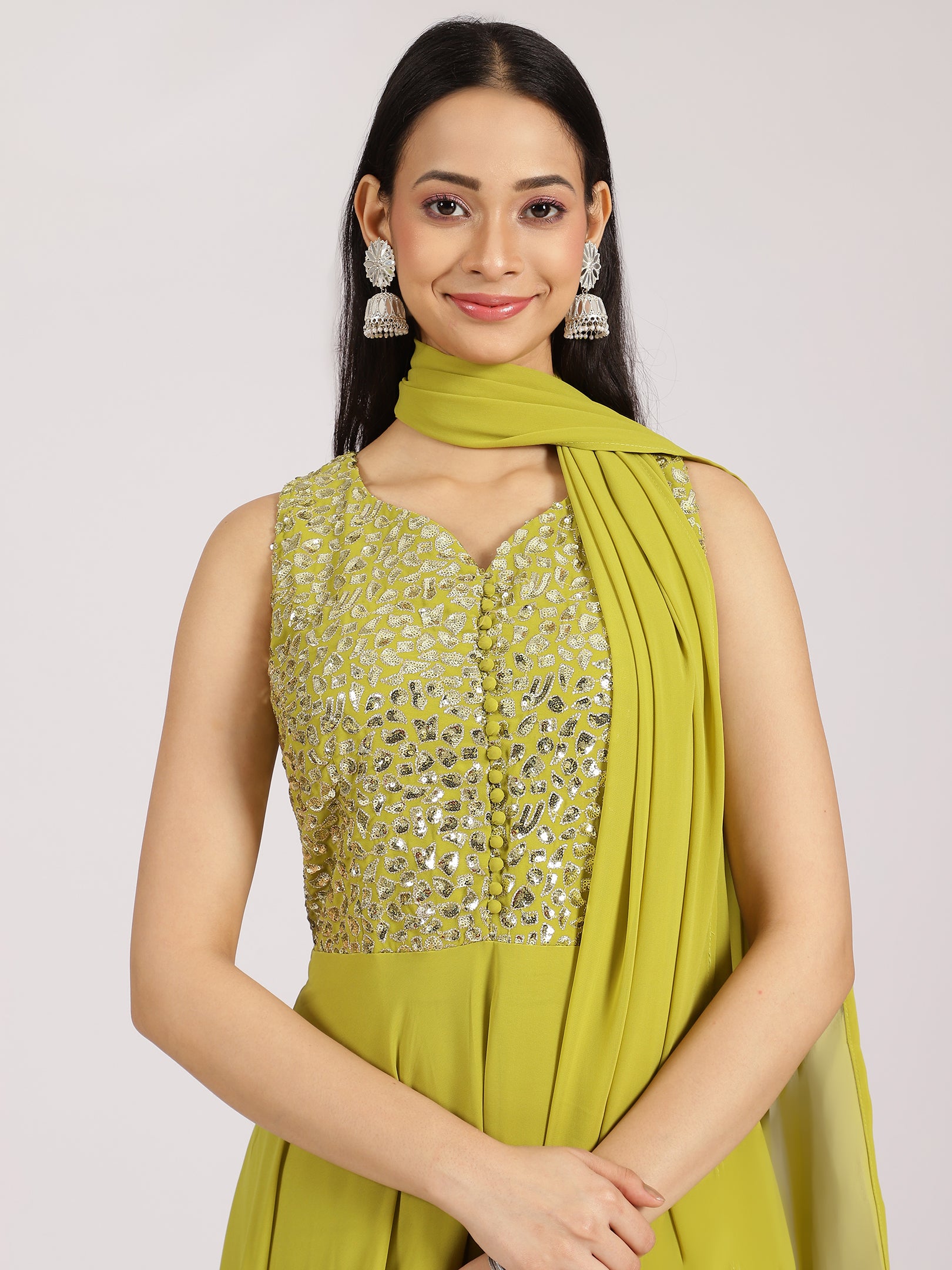 Lime Green Mirror Work Georgette Palazzo Suit Set