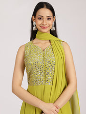 Lime Green Mirror Work Georgette Palazzo Suit Set
