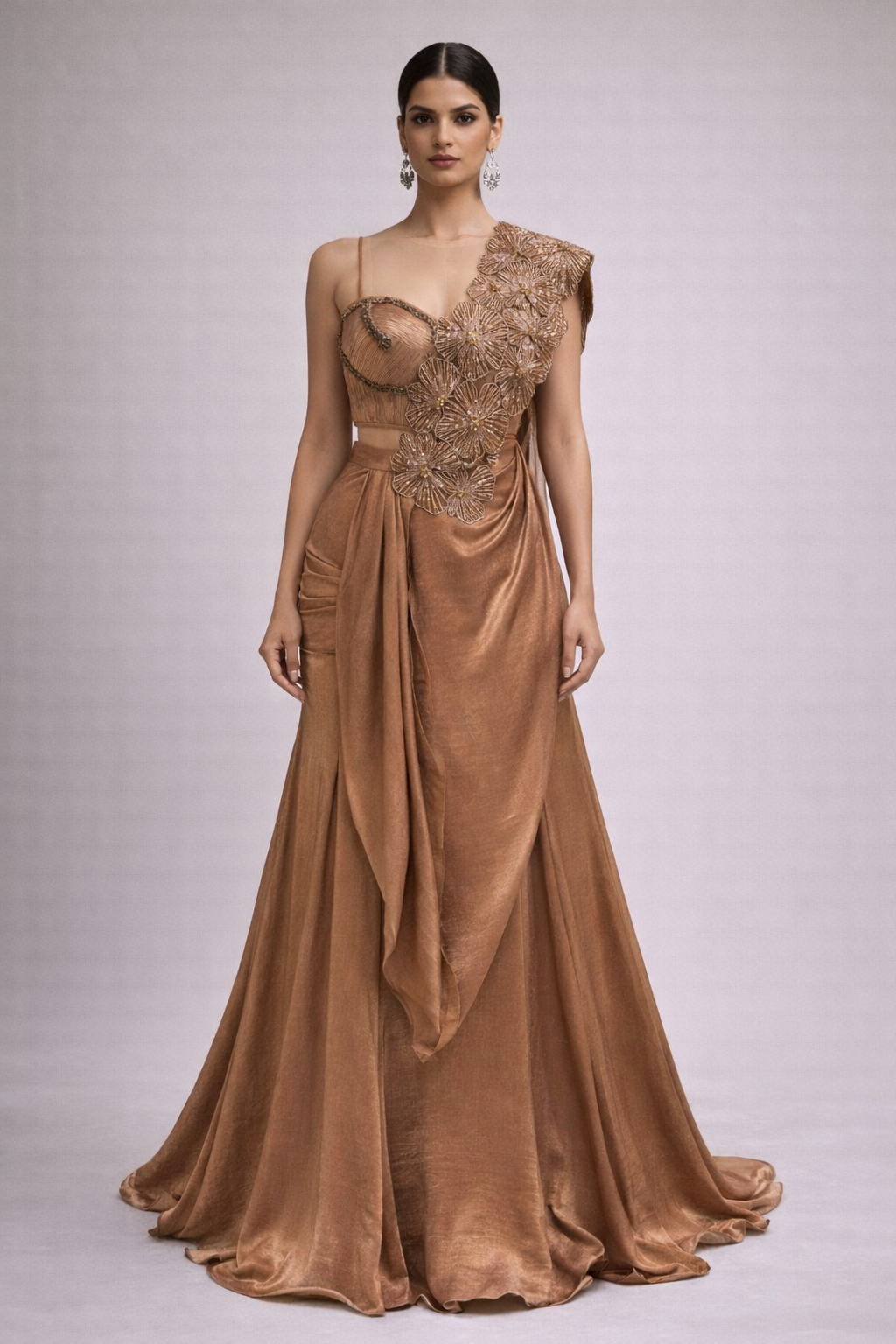 Copper Satin Indo-Western Draped Gown with 3D Floral Embellishment – D –  Diva