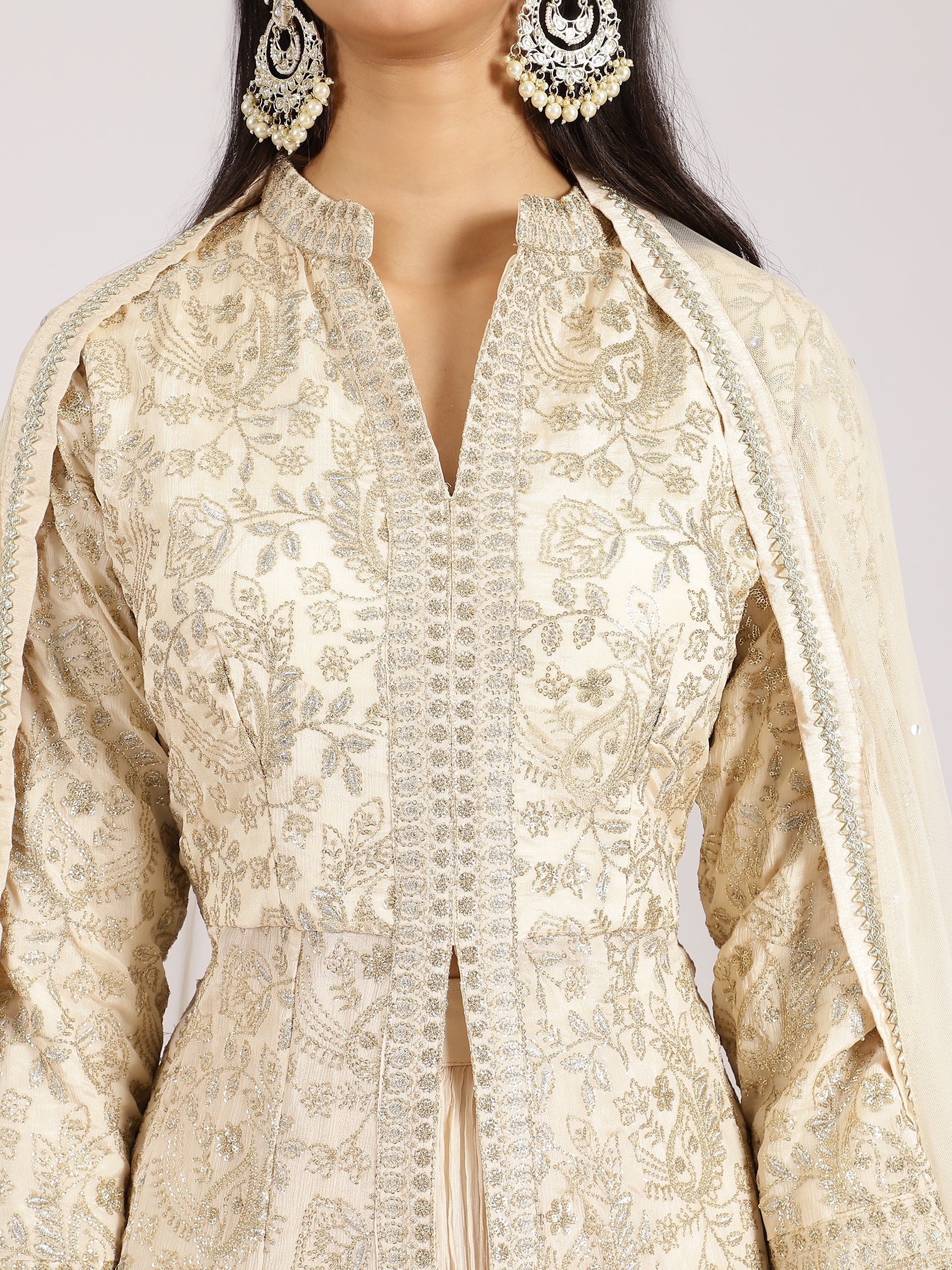 Ivory Gold Embroidered Anarkali Gown with High Neck