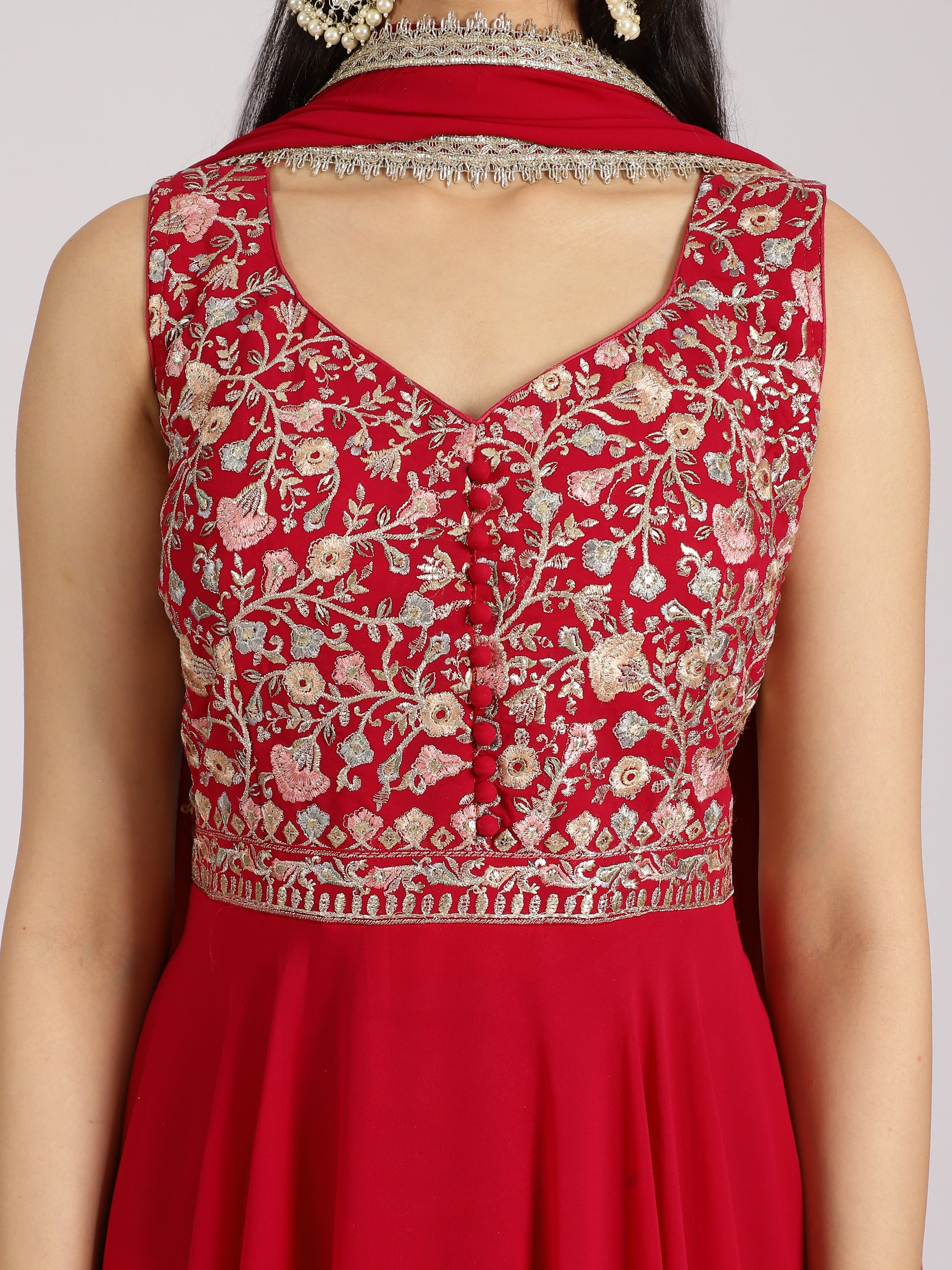 Red Sleeveless Embroidered Peplum Kurta Set with Palazzo and Dupatta