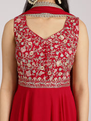 Red Sleeveless Embroidered Peplum Kurta Set with Palazzo and Dupatta