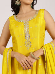 Sunshine Yellow Anarkali Gown with Mirror Work & Zari Dupatta