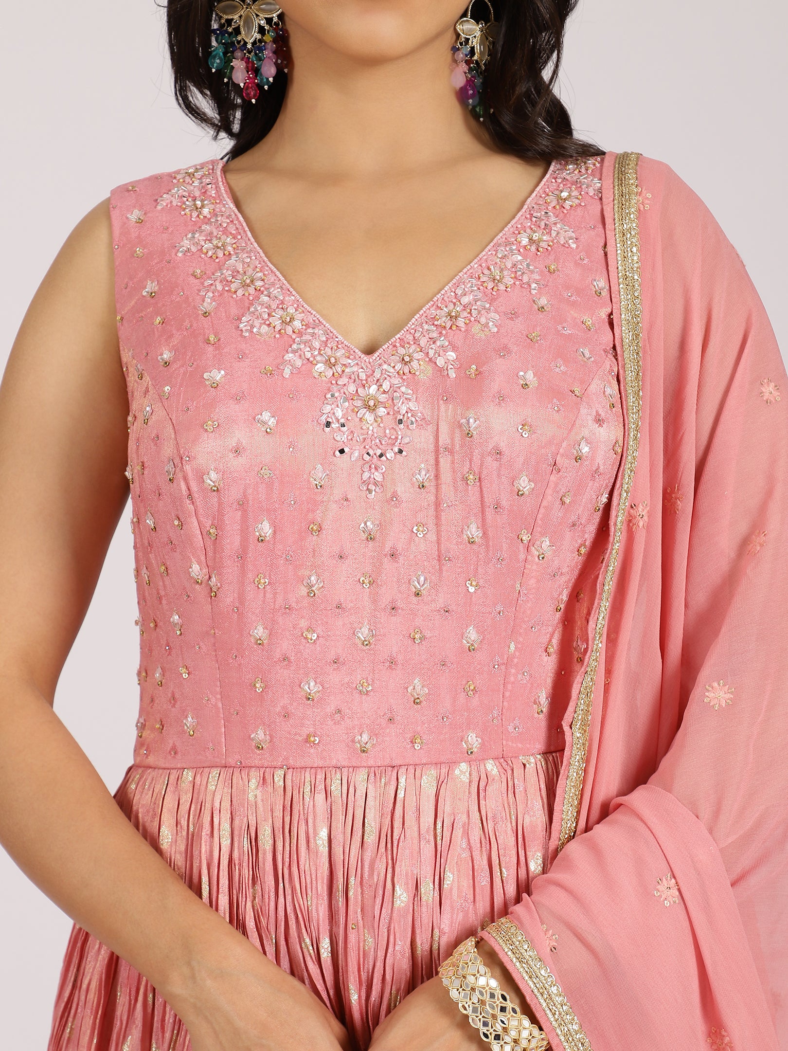 Blush Pink Anarkali Gown with Foil Work & Embellished Dupatta