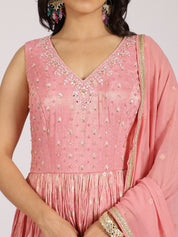 Blush Pink Anarkali Gown with Foil Work & Embellished Dupatta