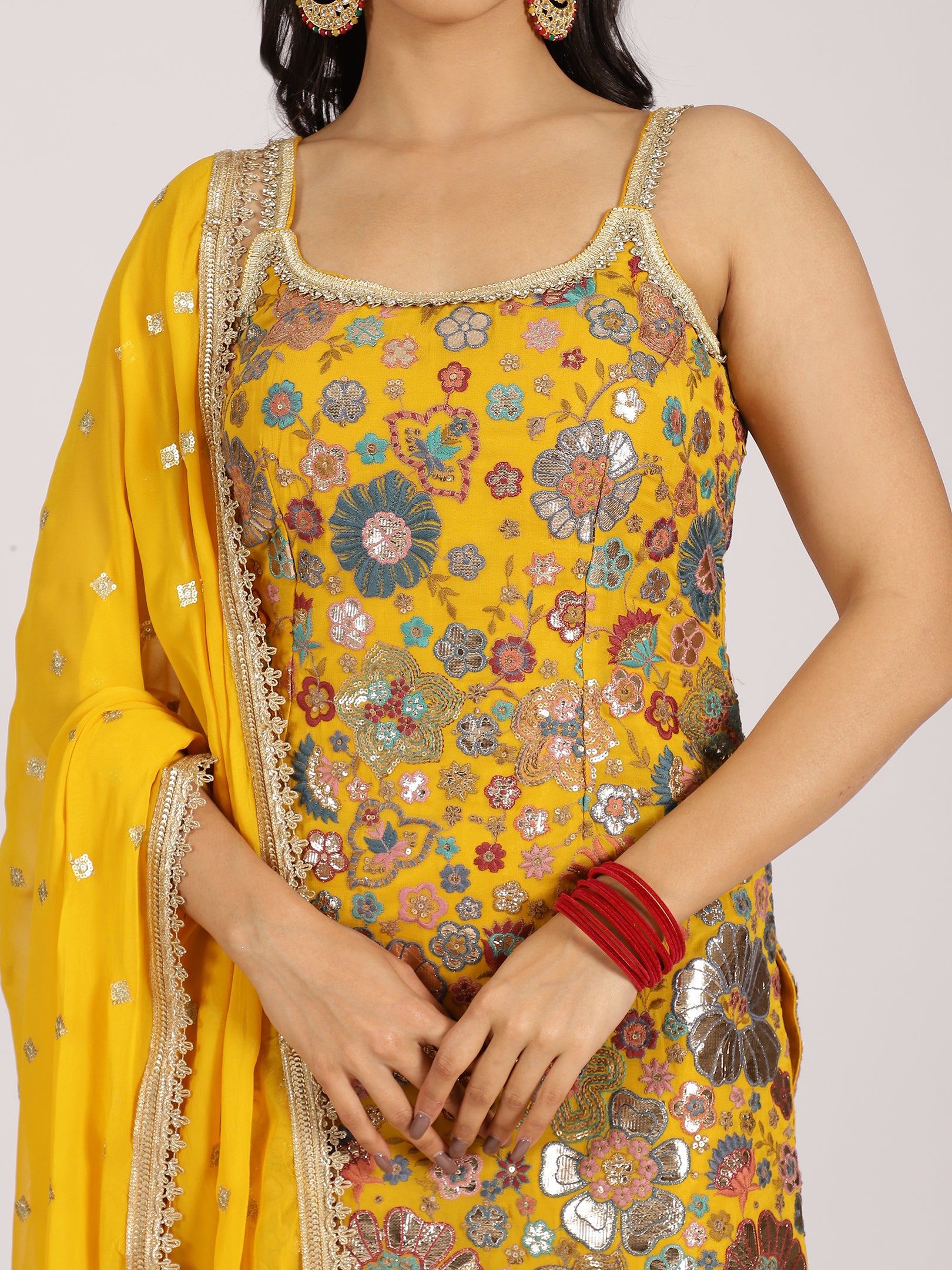 Vibrant Yellow Mirror Work Sharara Set