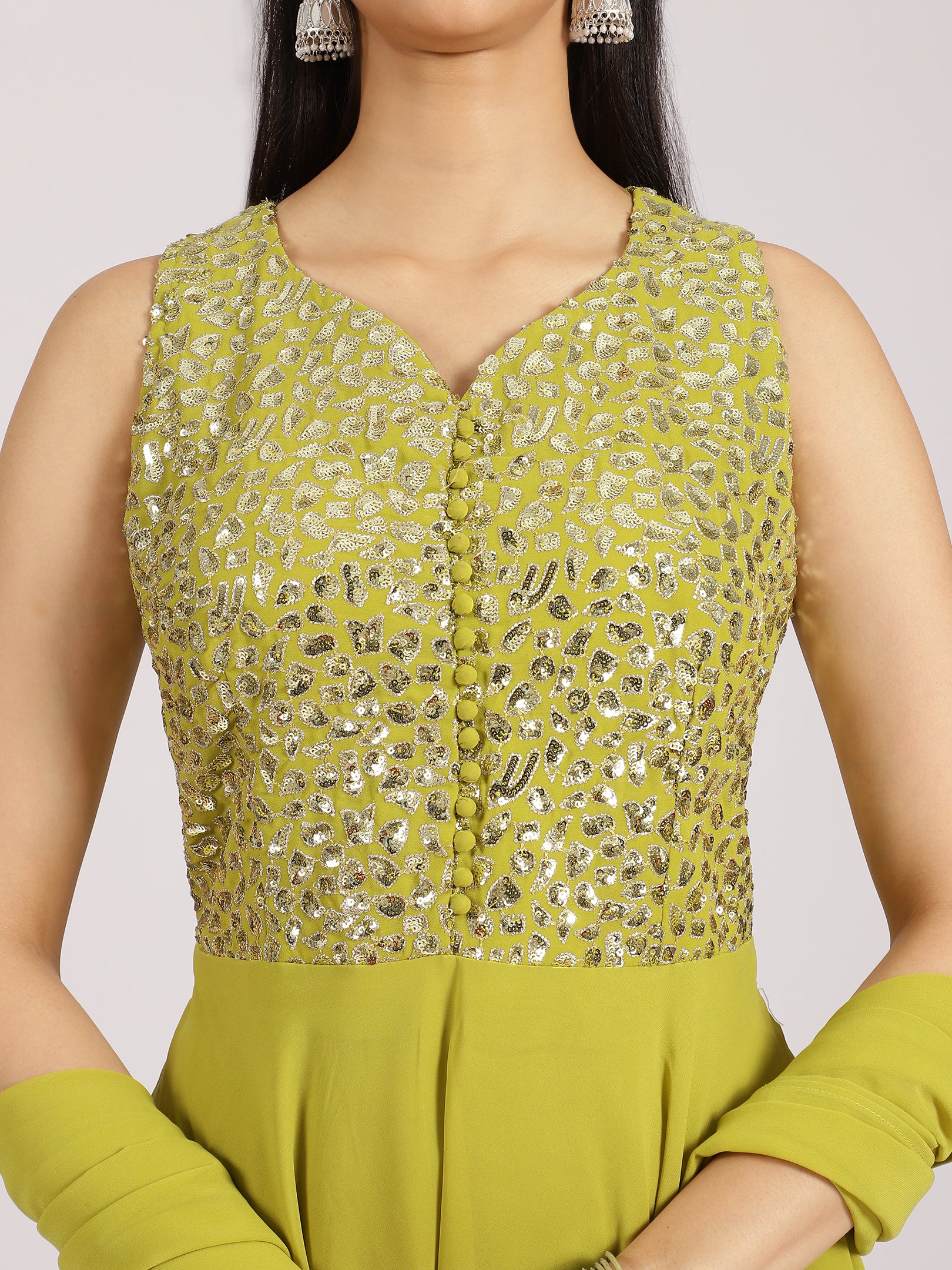 Lime Green Mirror Work Georgette Palazzo Suit Set