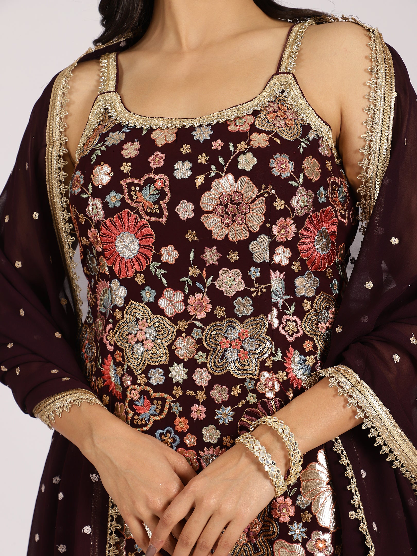 Maroon Heavily Embroidered Georgette Sharara Suit Set