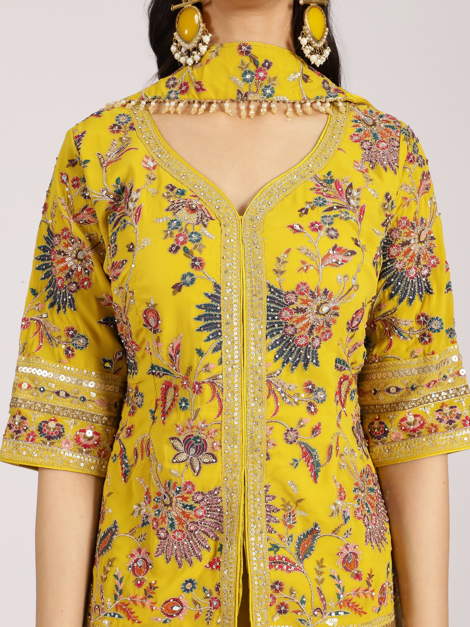 Yellow Embroidered Jacket Style Sharara Suit Set