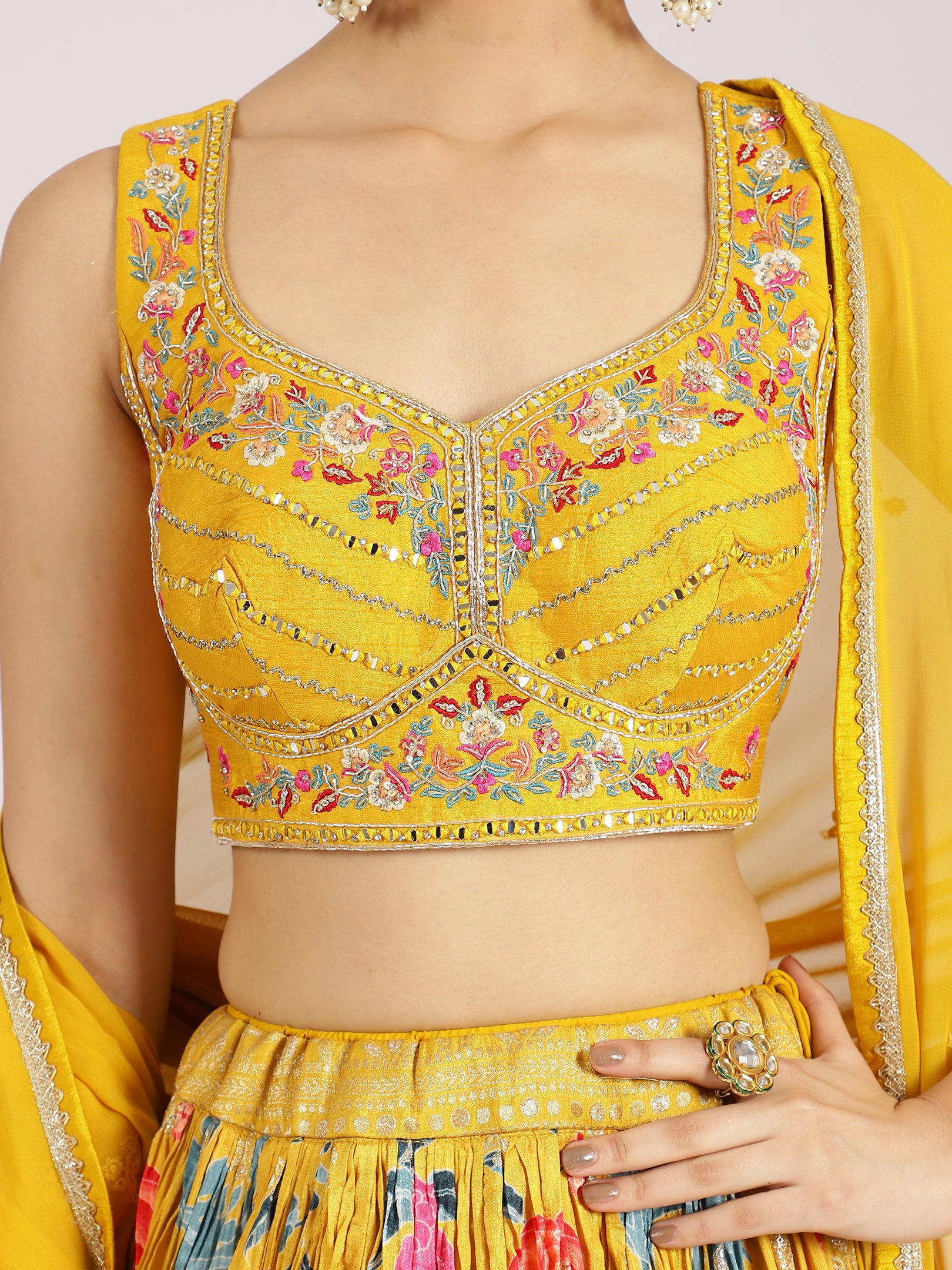 Mustard Yellow Floral Embroidered Lehenga Set