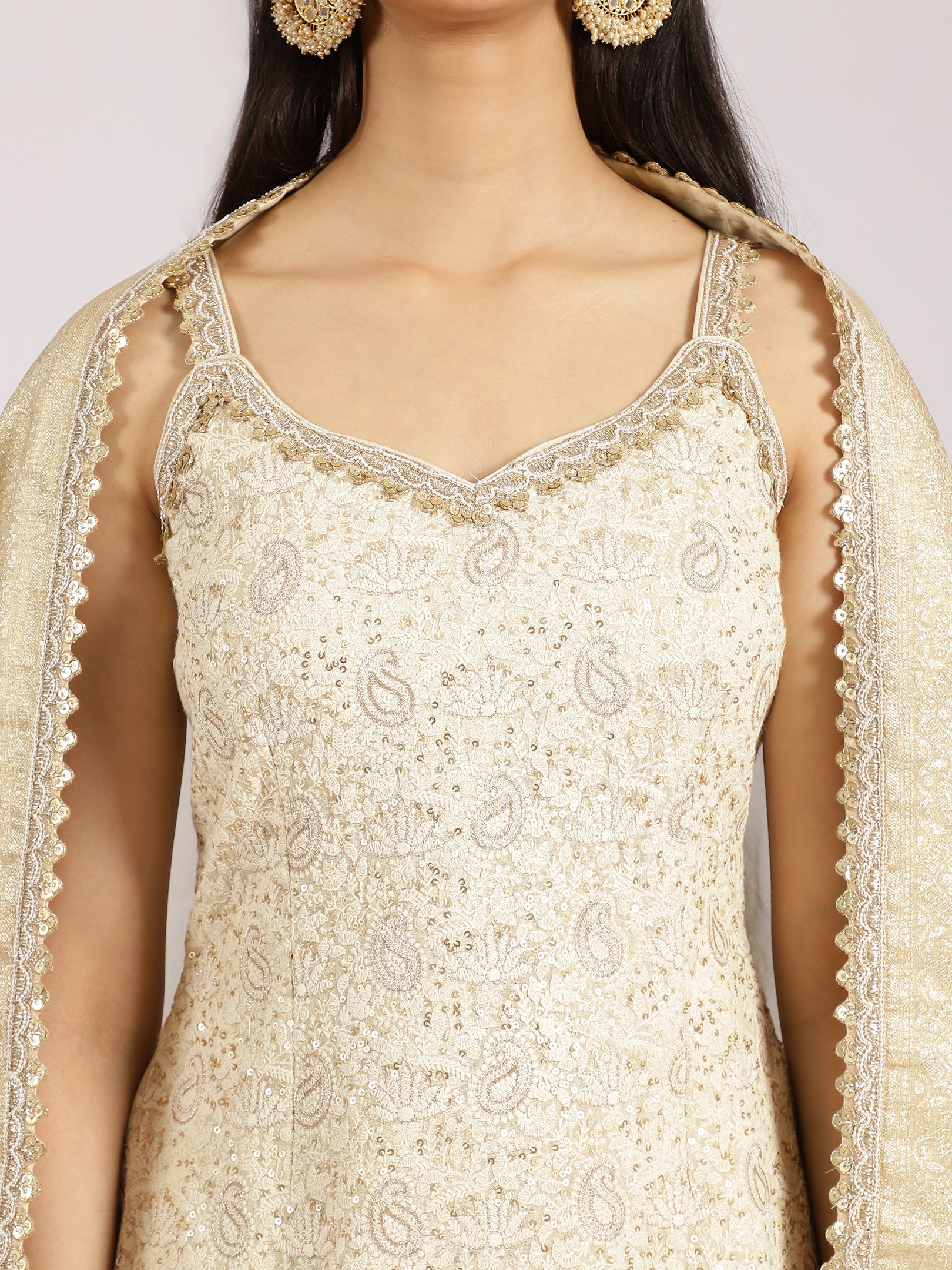 Ivory Gold Embroidered Sharara Suit with Dupatta
