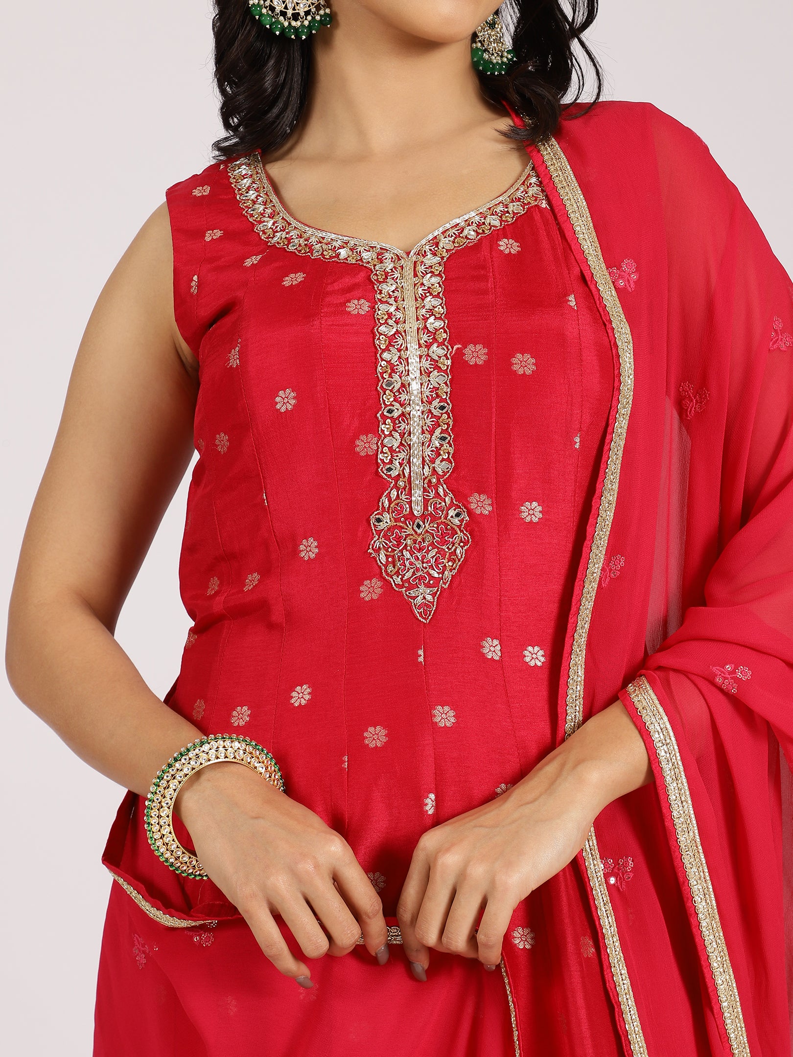 Radiant Red Anarkali Gown with Mirror Work and Zari Dupatta
