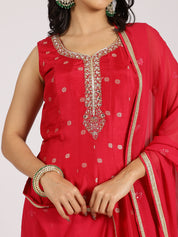 Radiant Red Anarkali Gown with Mirror Work and Zari Dupatta