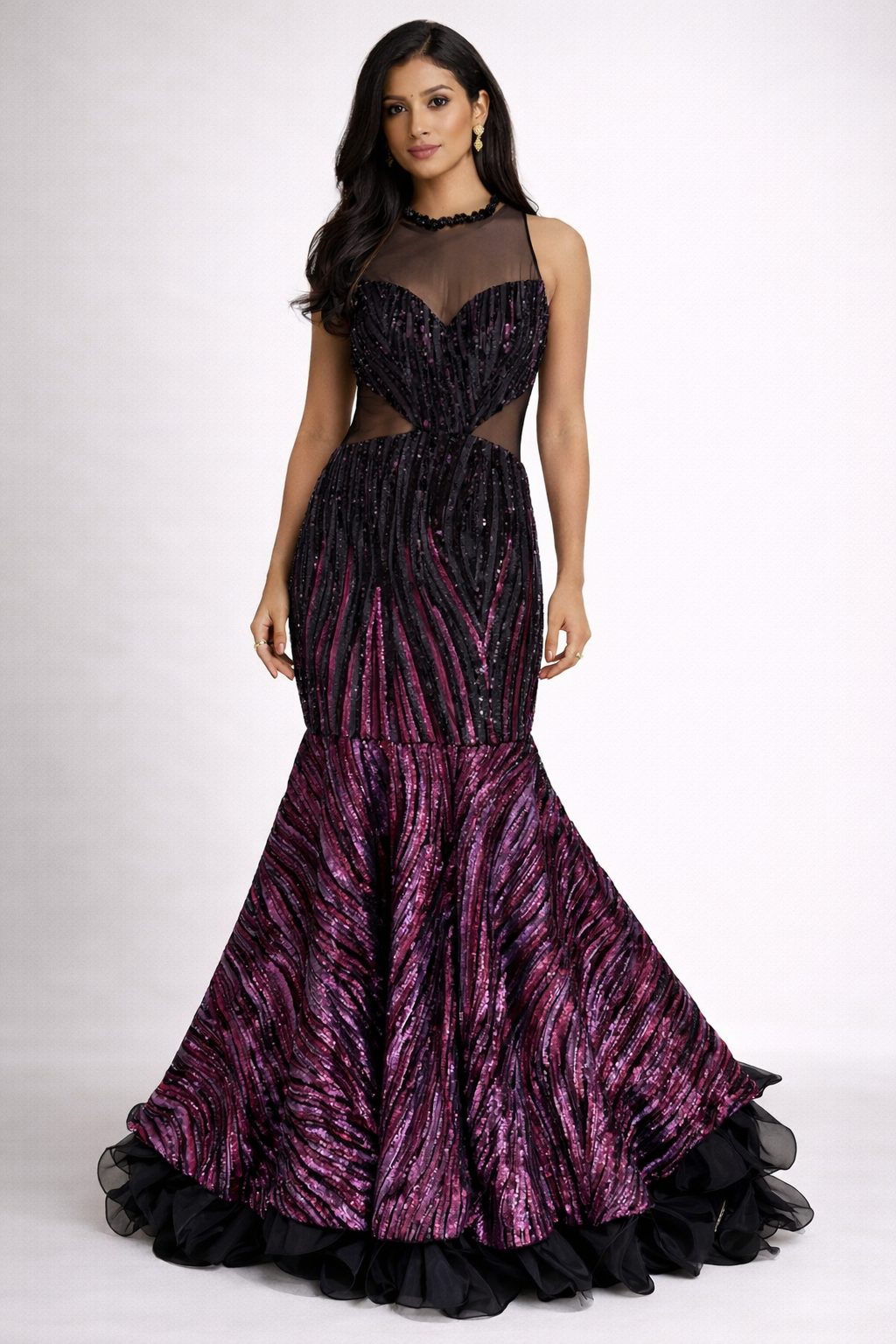 black and purple mermaid dress Evening Set Black Lace Belted Top with Purple Mermaid Maxi Skirt-chiclody CHICLODY