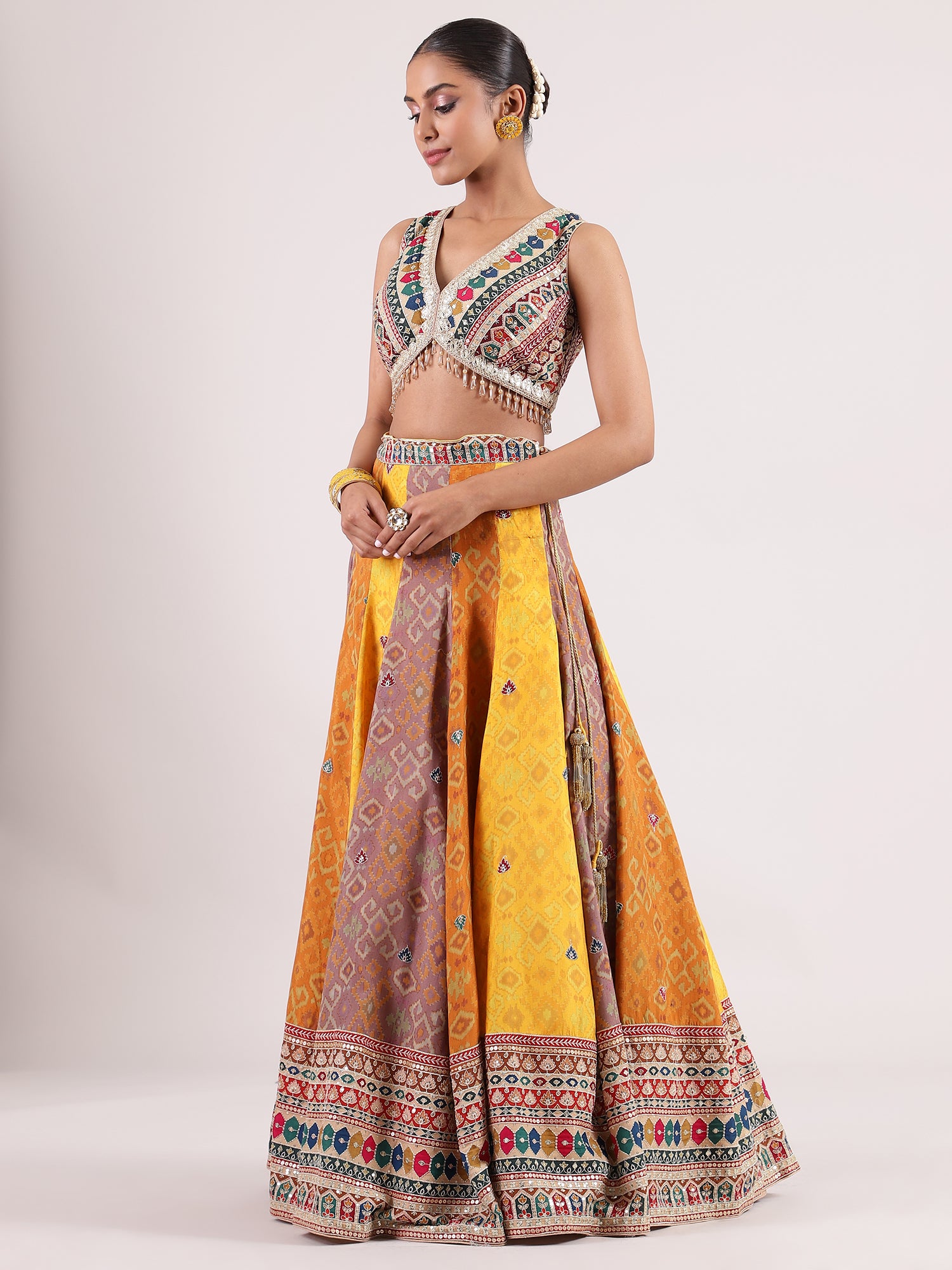 Ajrakh Lehenga with Brocade Kotapatti Blouse & Rani Pink Georgette Dupatta
