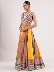 Ajrakh Lehenga with Brocade Kotapatti Blouse & Rani Pink Georgette Dupatta