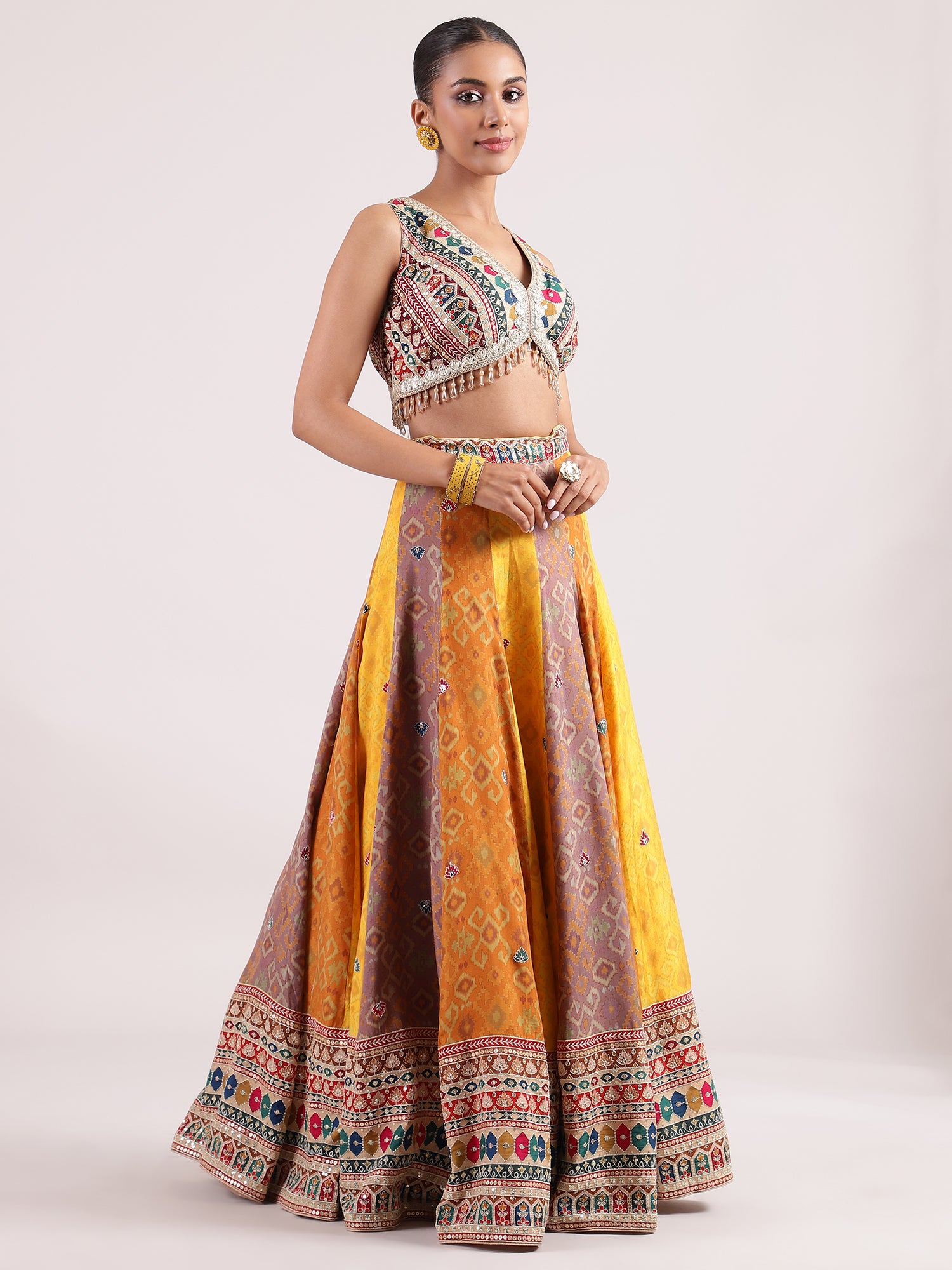 Ajrakh Lehenga with Brocade Kotapatti Blouse & Rani Pink Georgette Dupatta