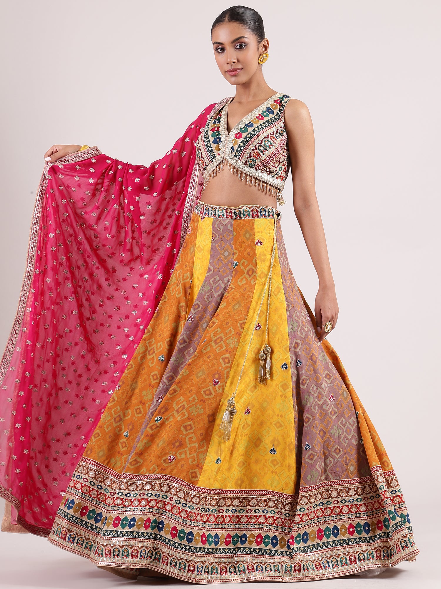Ajrakh Lehenga with Brocade Kotapatti Blouse & Rani Pink Georgette Dupatta