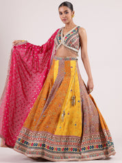 Ajrakh Lehenga with Brocade Kotapatti Blouse & Rani Pink Georgette Dupatta