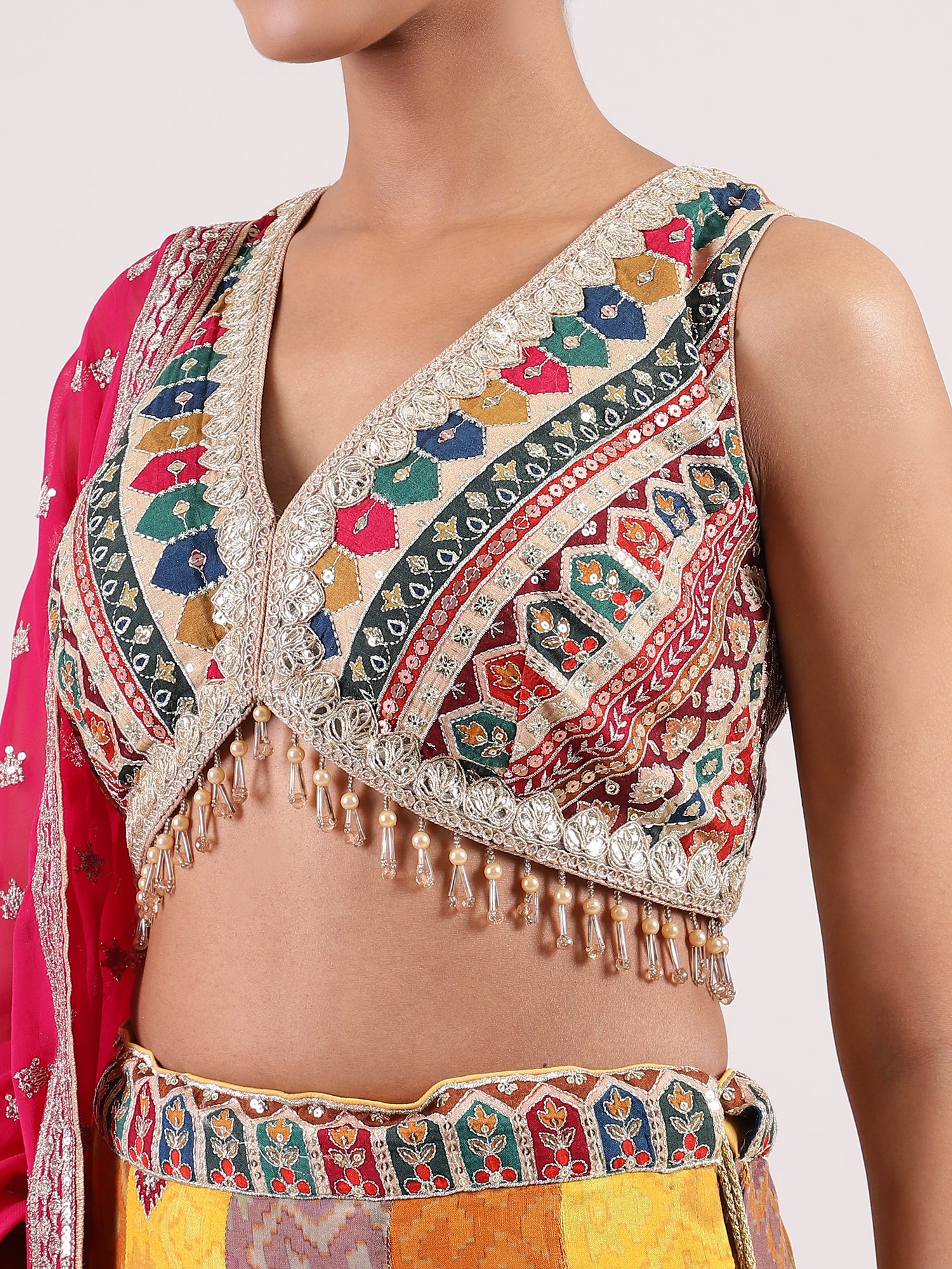 Ajrakh Lehenga with Brocade Kotapatti Blouse & Rani Pink Georgette Dupatta