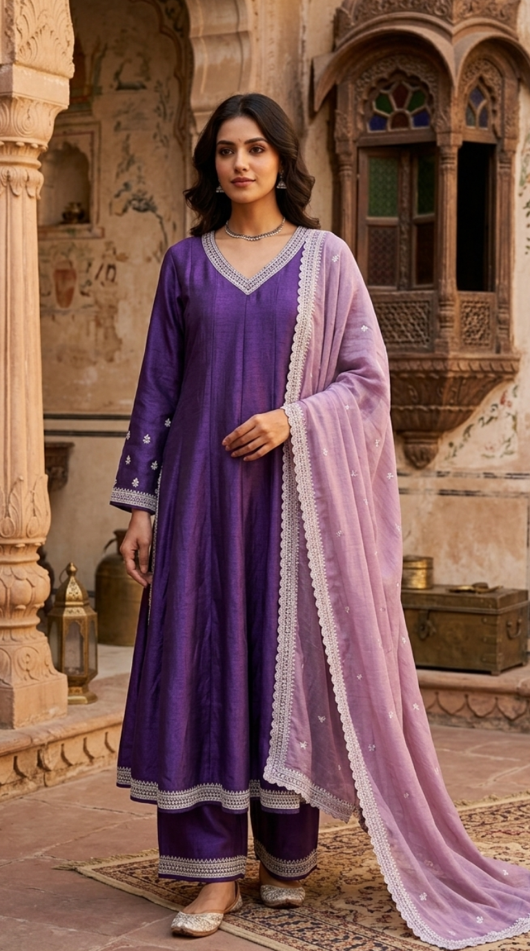 Purple Raw Silk Embroidered Anarkali Suit