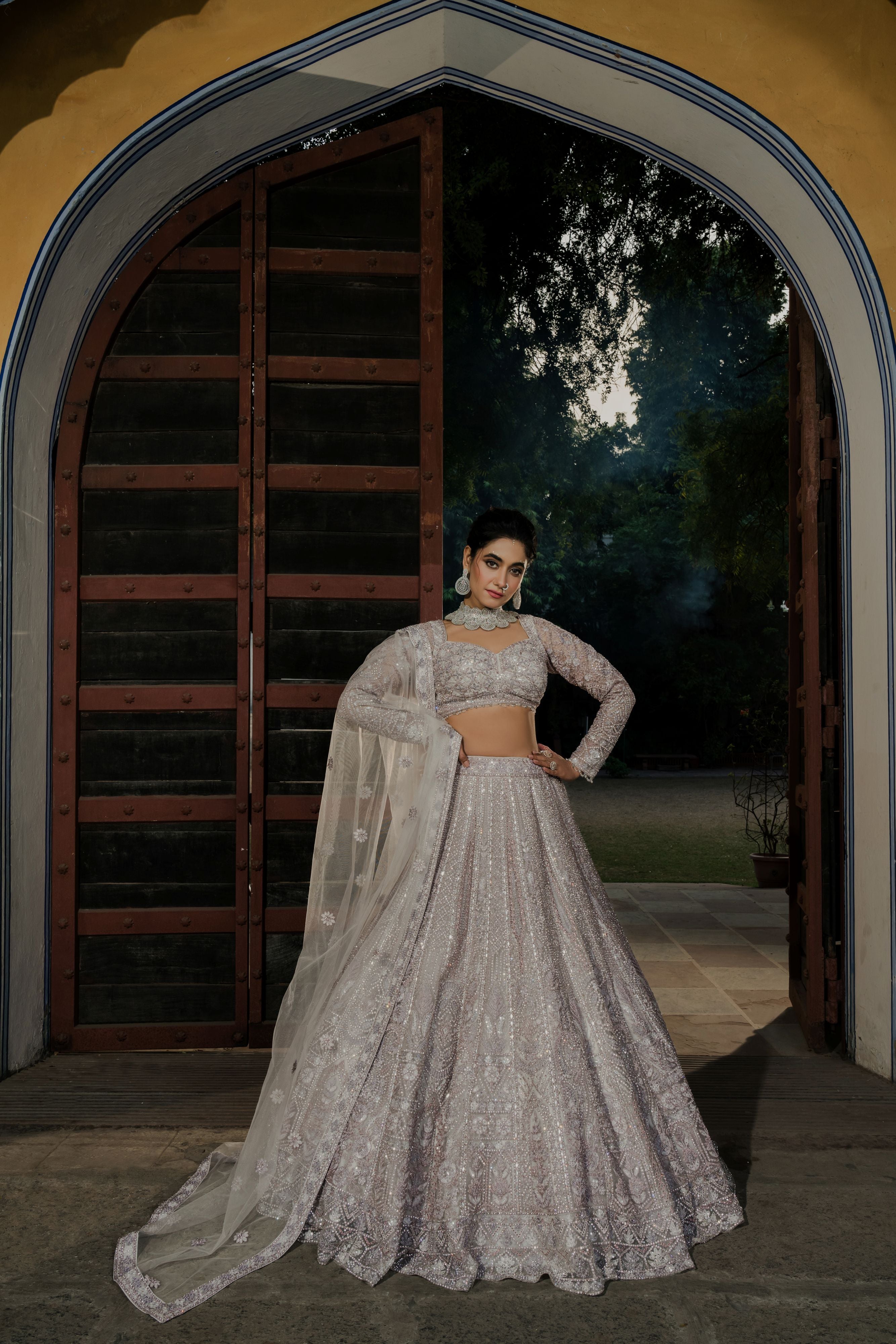 Celestial Dreams: Silver Lilac Embroidered Twirl Lehenga Set