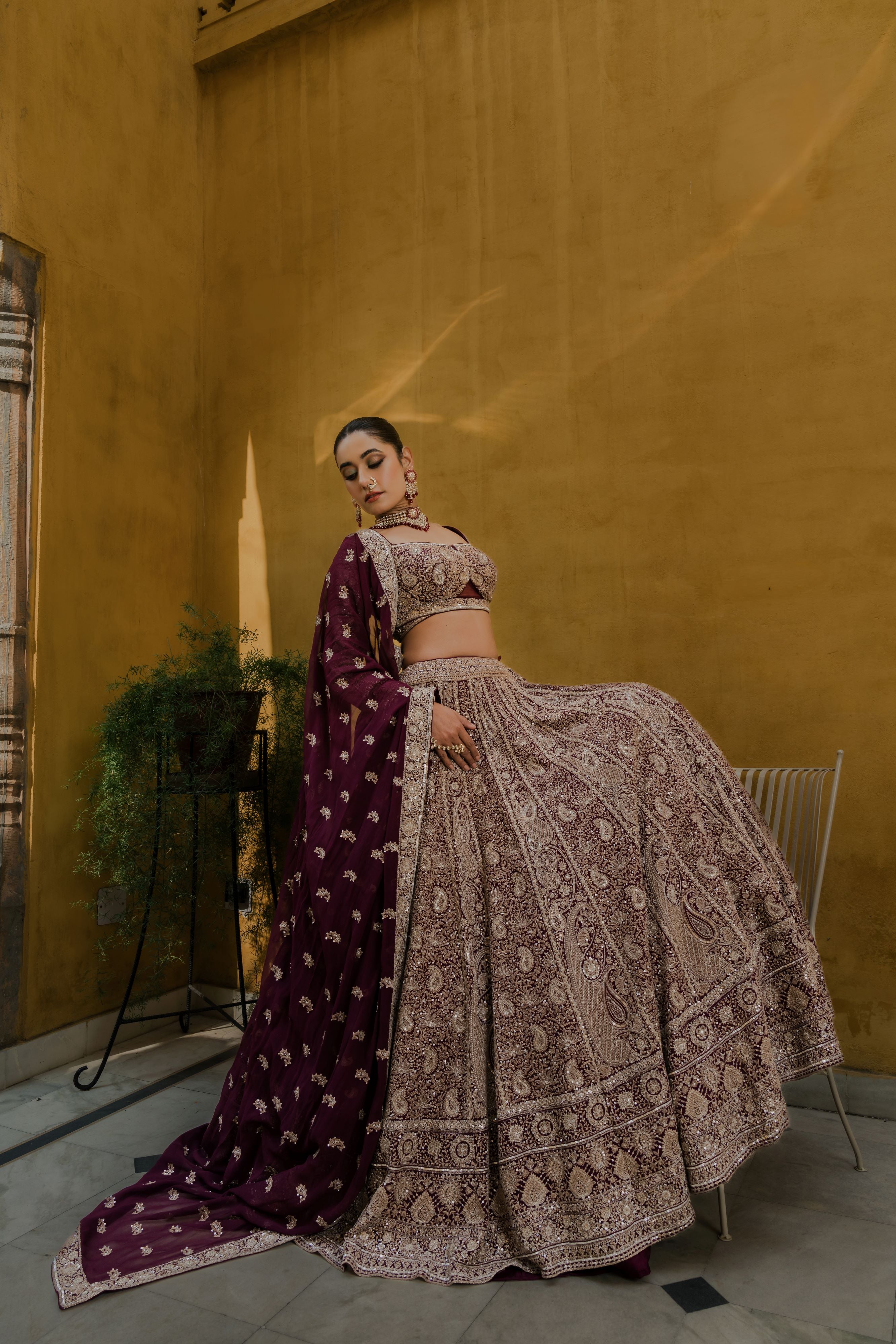 Maroon Heavily Embroidered Bridal Lehenga Set