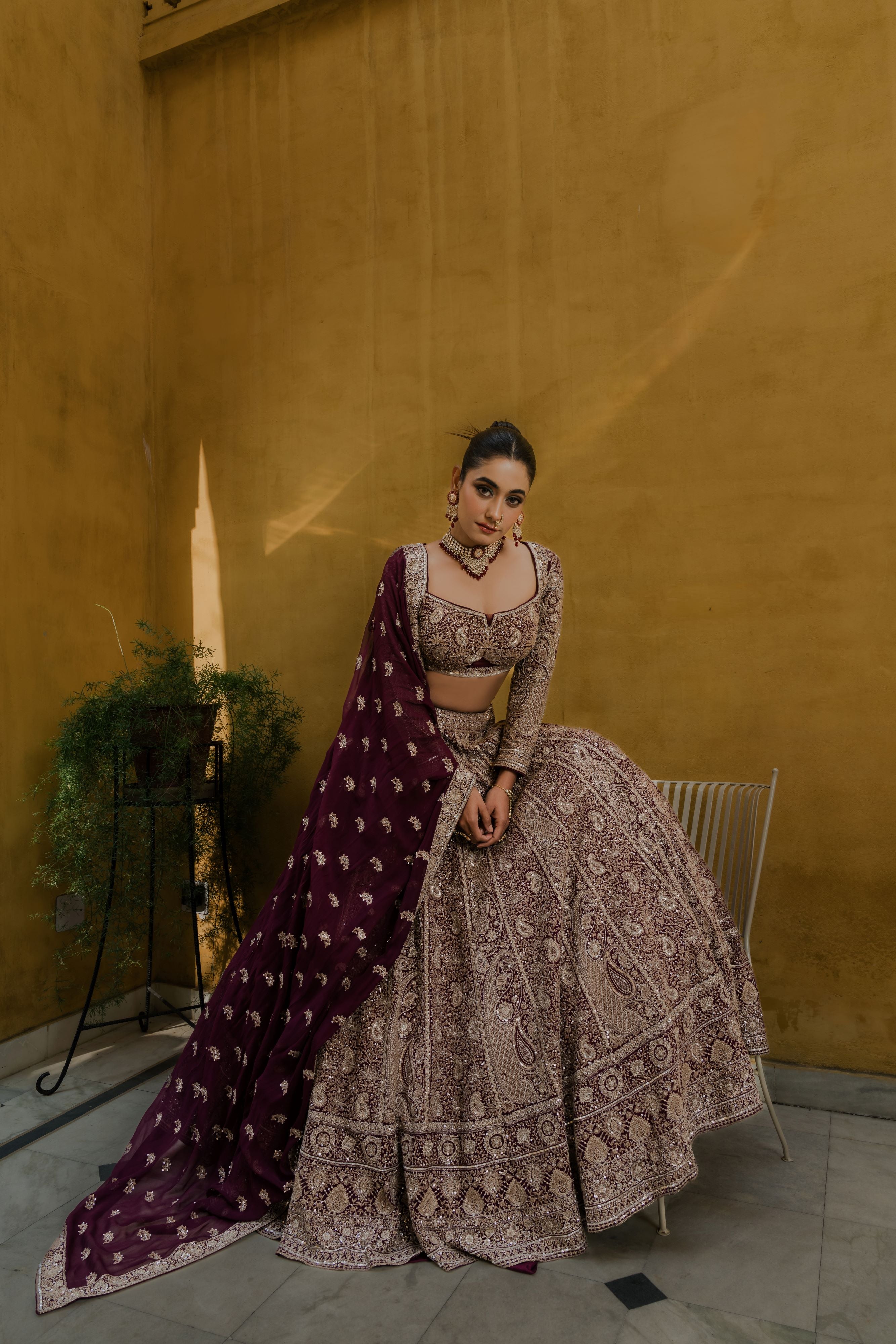 Maroon Heavily Embroidered Bridal Lehenga Set