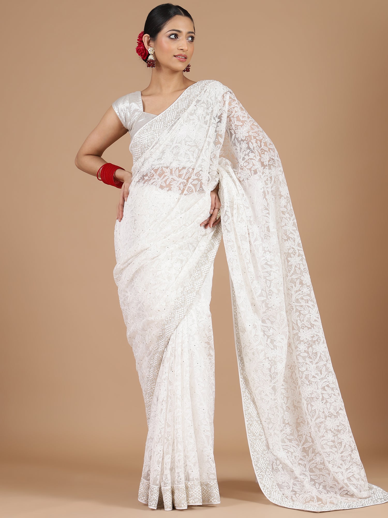 White net chikankari embroidered saree with unstitched blouse – Diva