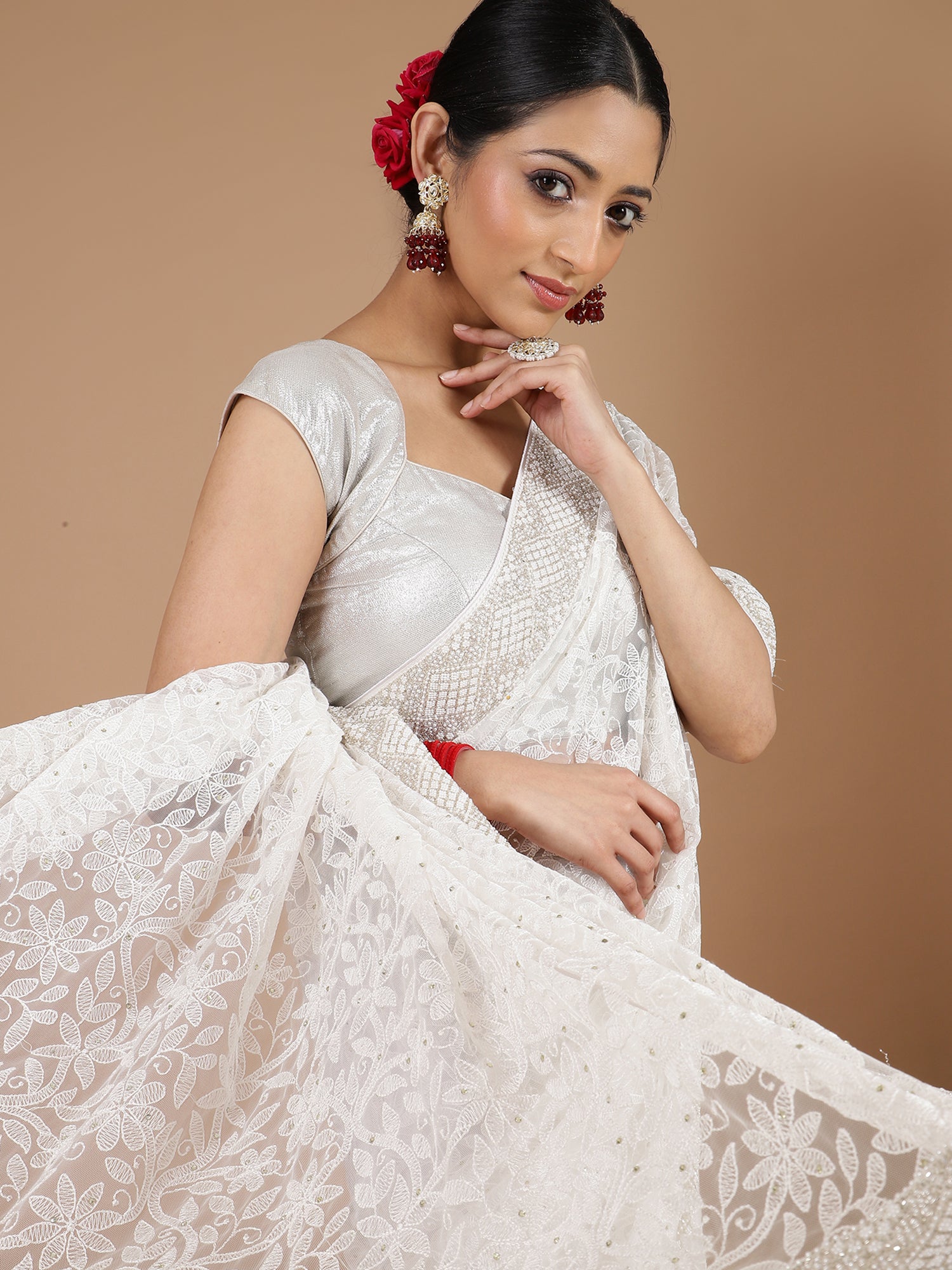 White net chikankari embroidered saree with unstitched blouse