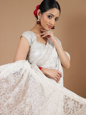 White net chikankari embroidered saree with unstitched blouse