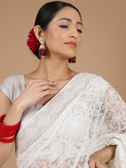 White net chikankari embroidered saree with unstitched blouse