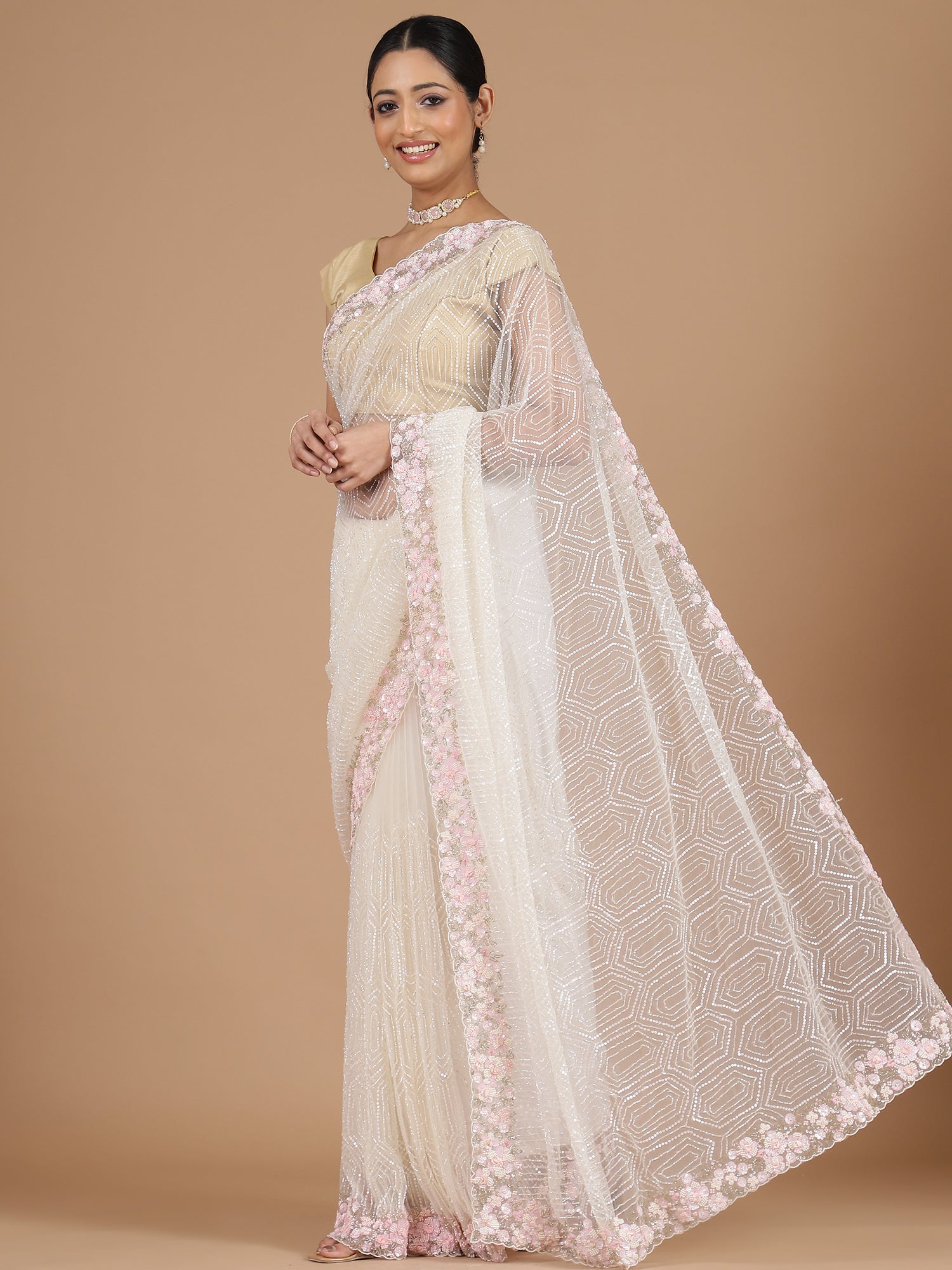 Graceful Half-White Netted Saree with Sequins Embroidery & Aari Scalloped Border