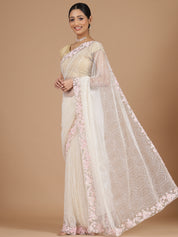 Graceful Half-White Netted Saree with Sequins Embroidery & Aari Scalloped Border