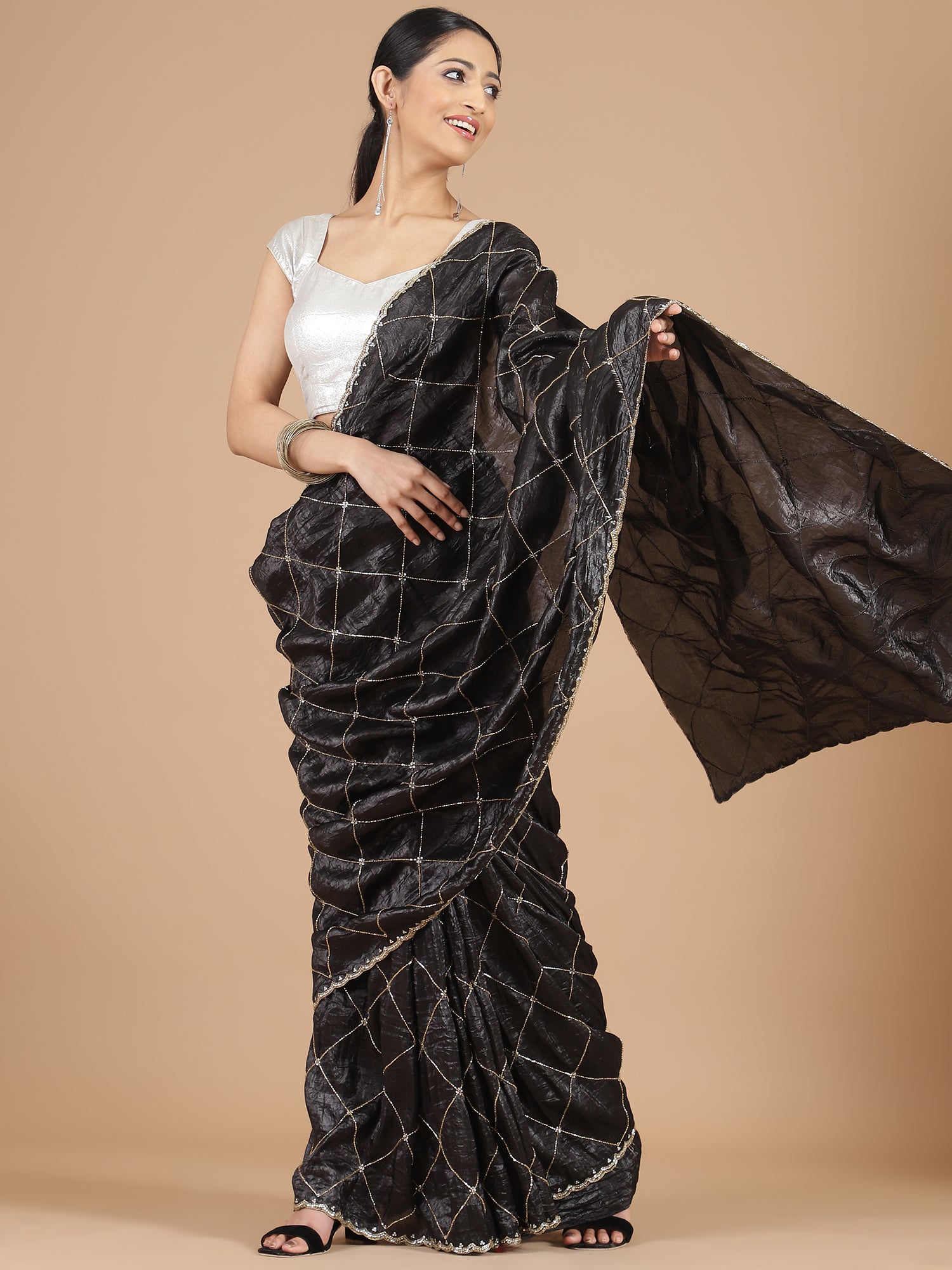 Black Organza Crush Tissue Saree with Cutdana Embroidery
