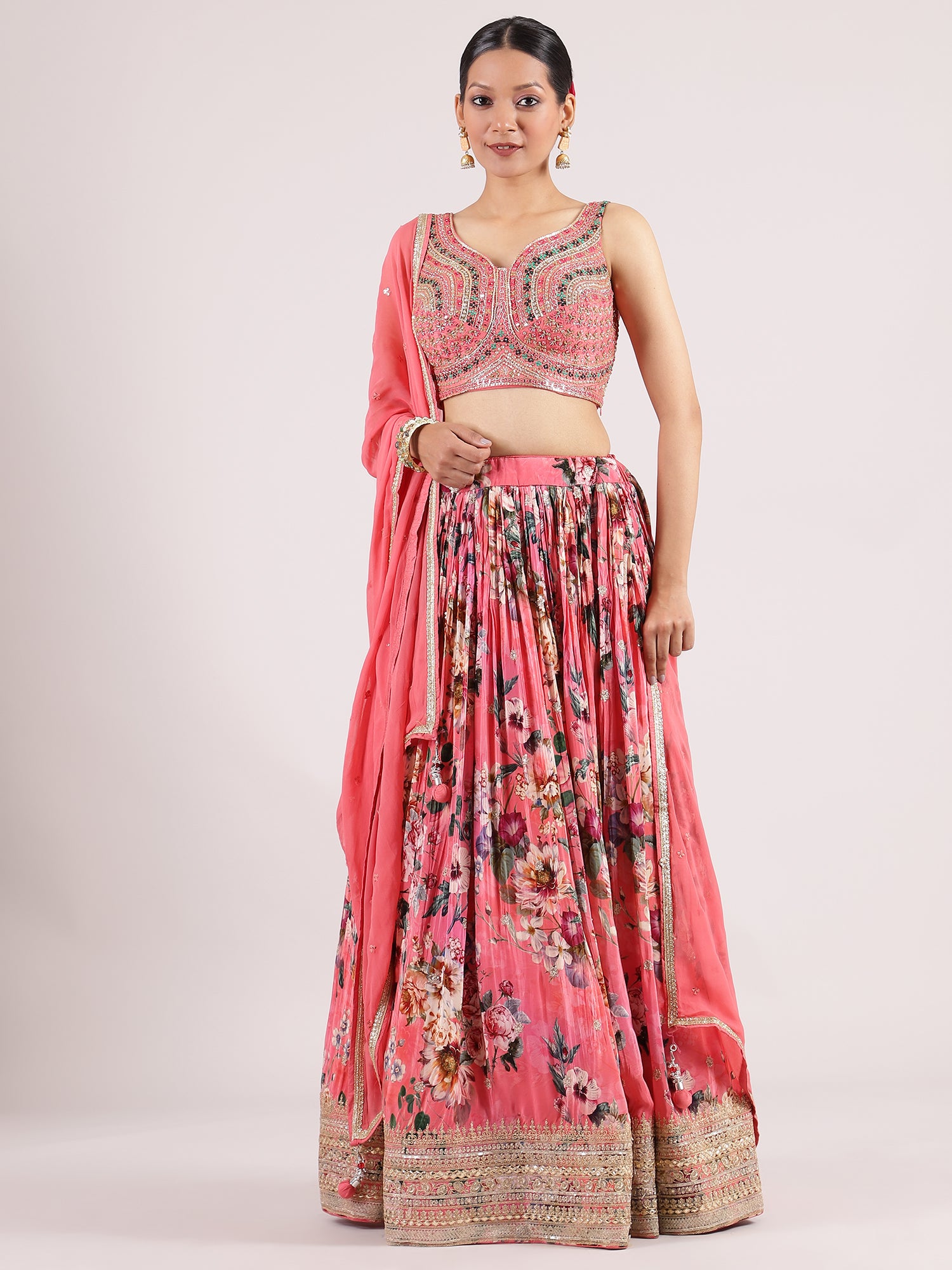Elegant Peach Georgette Digital Print Lehenga with Heavy Mirror Work Blouse