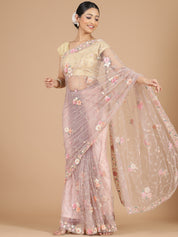Lilac Netted Saree with Intricate Floral Embroidery Work