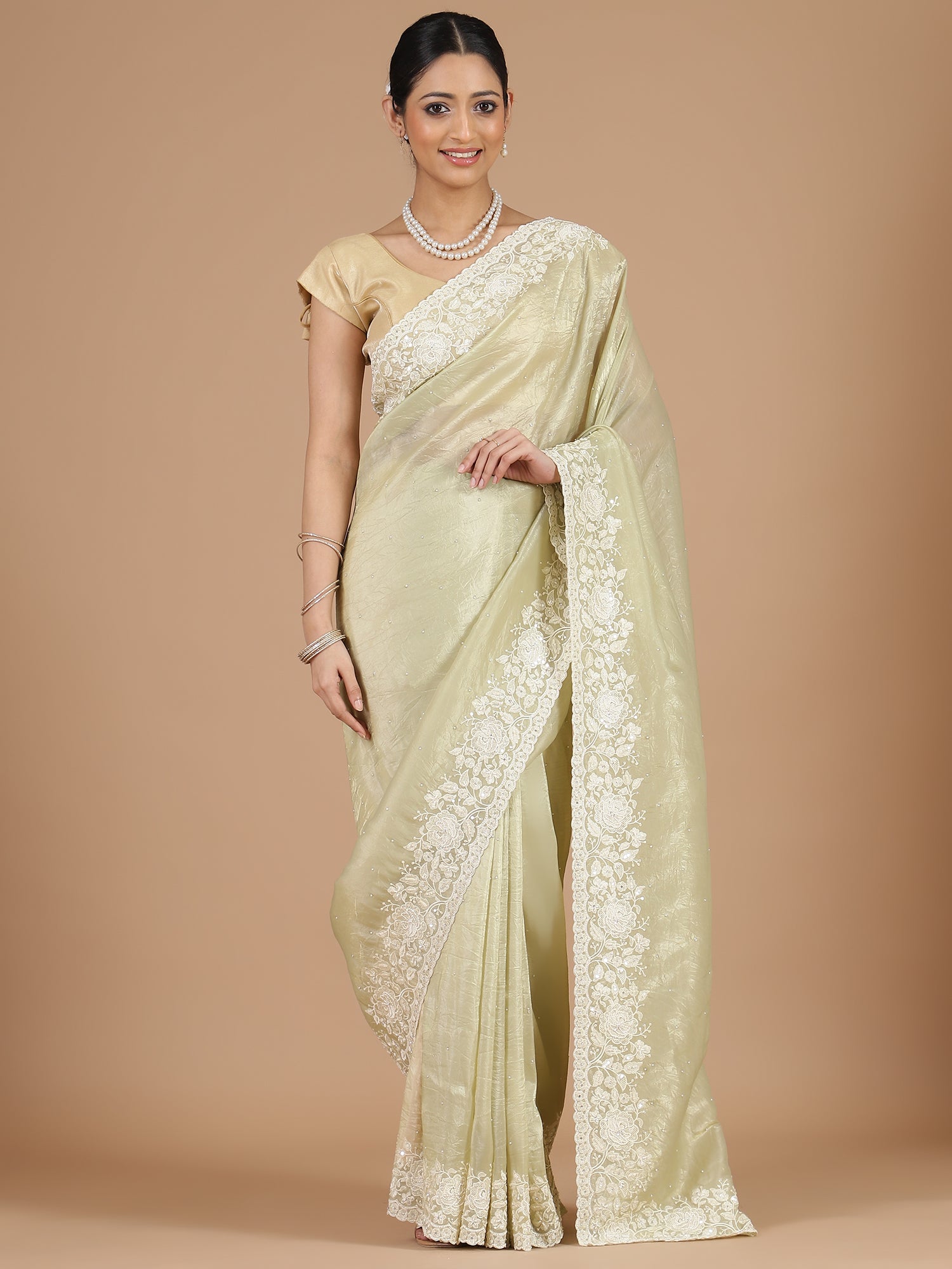 Light Green Crush Tissue Saree with Floral Border Embroidery