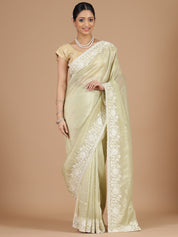 Light Green Crush Tissue Saree with Floral Border Embroidery