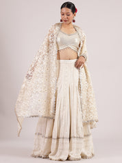 Ethereal Half-White Chikankari Mirror Work Lehenga with Sequins Blouse & Floral Dupatta