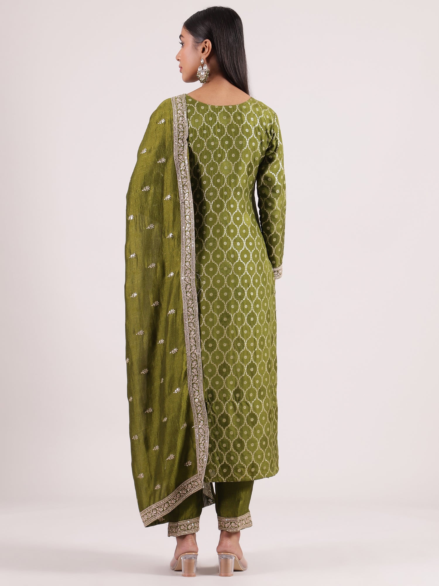 Elegant Olive Green Banarasi Salwar with Sequin Border Embroidery
