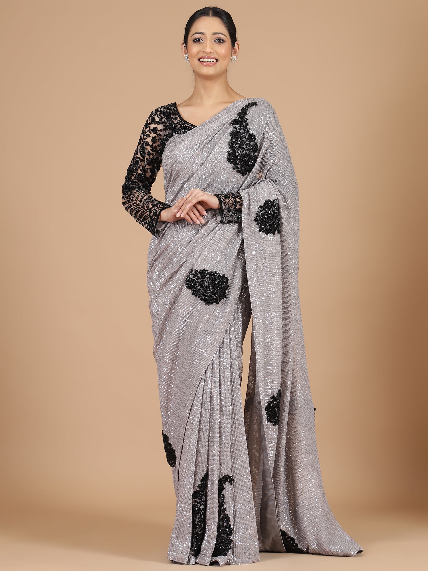 Grey Georgette Saree with Sequence Work & Black Sugarbeads Embroidery